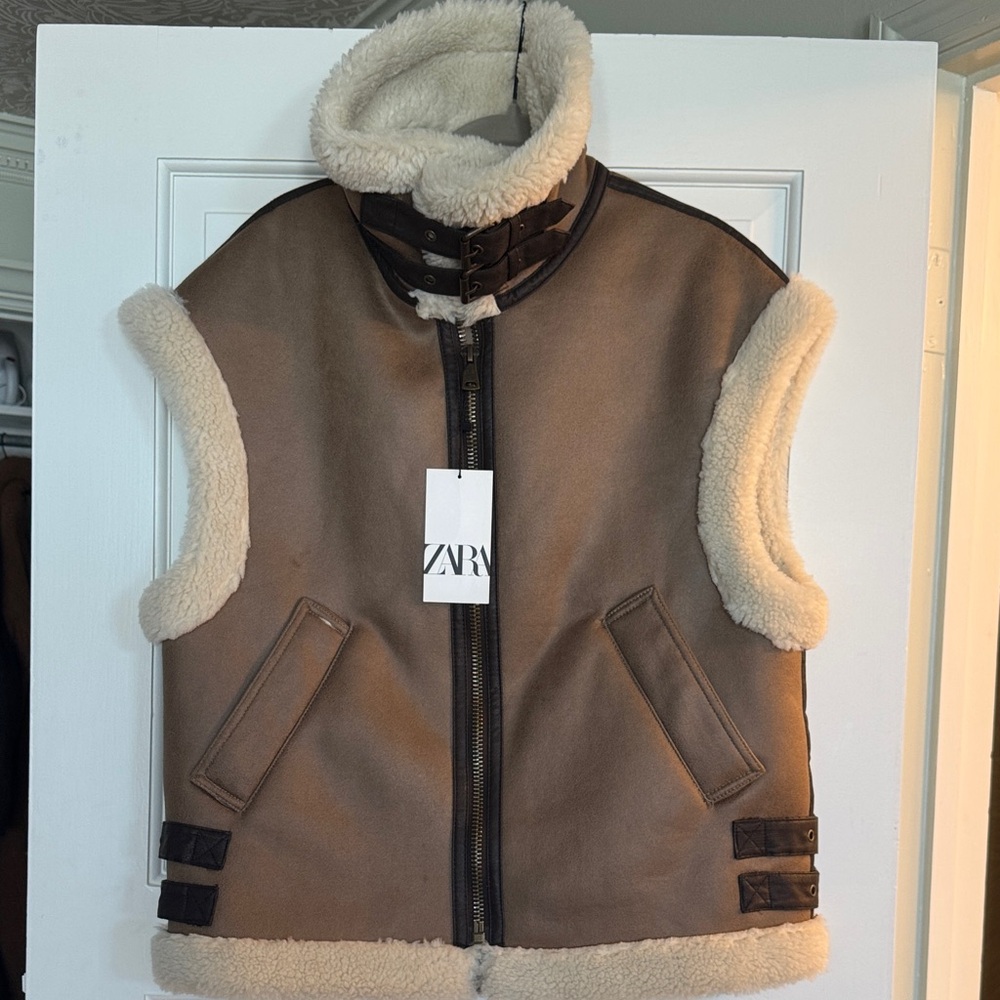 Zara Tan and Cream Shearling Vest